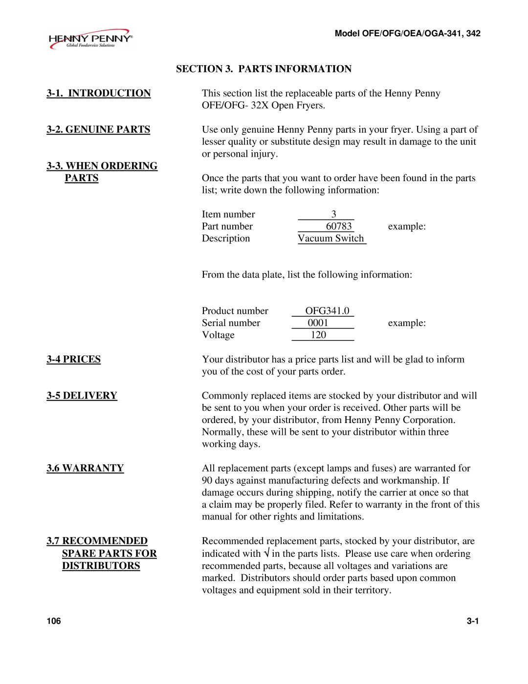 Henny Penny OFE/OFG-341 Parts Information Introduction, Genuine Parts, When Ordering, Prices, Delivery, Warranty 