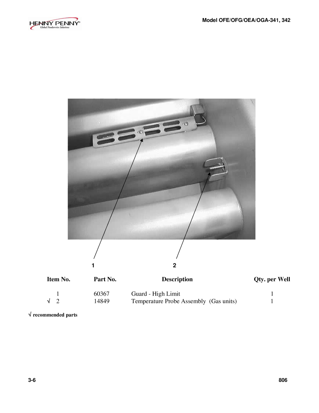 Henny Penny OEA/OGA-342, OFE/OFG-342, OFE/OFG-341, OEA/OGA-341 technical manual Item No Description Qty. per Well 