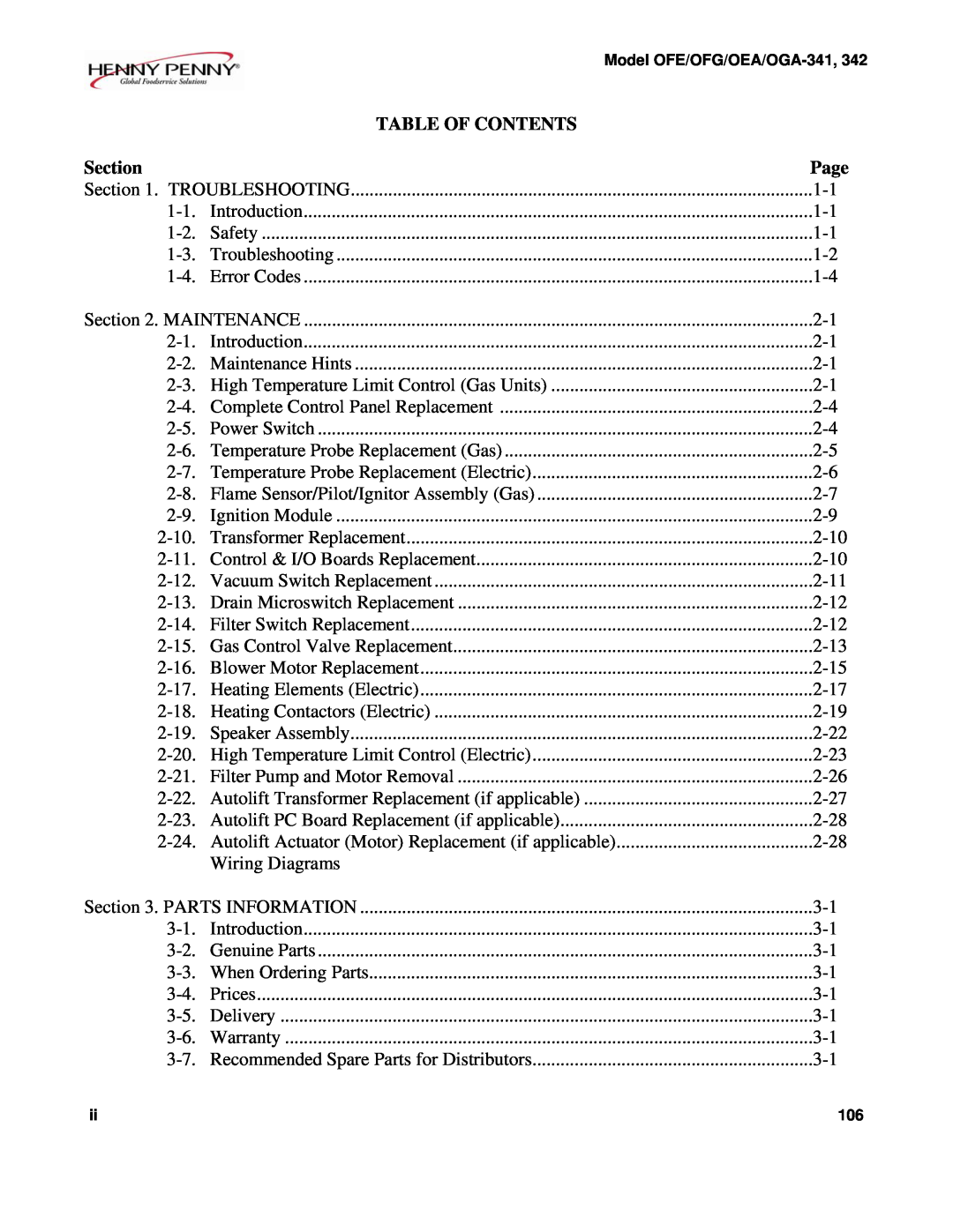 Henny Penny OFE/OFG-342, OFE/OFG-341, OEA/OGA-342, OEA/OGA-341 technical manual Table Of Contents, Section, Page 