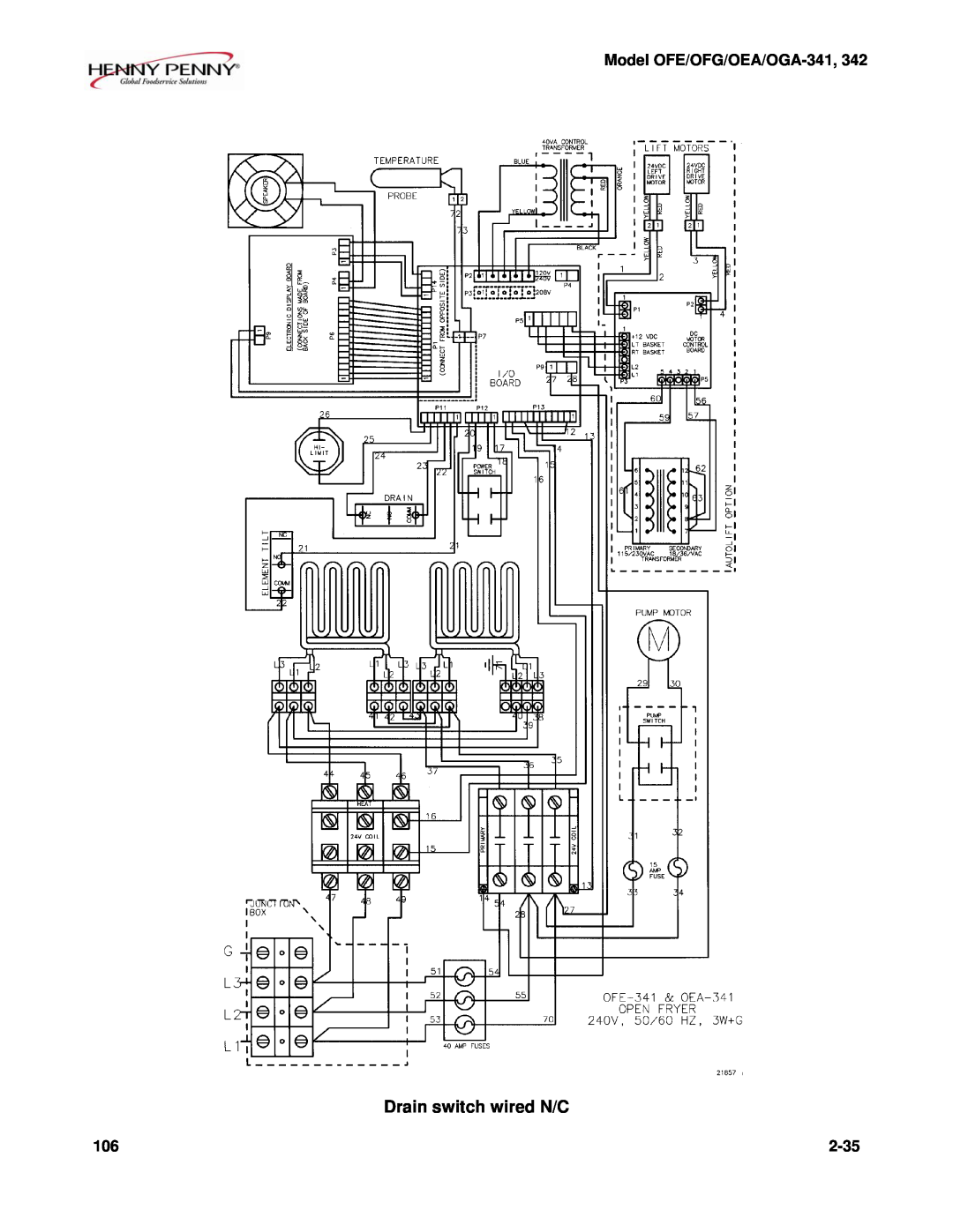 Henny Penny OFE/OFG-341, OFE/OFG-342, OEA/OGA-342 Drain switch wired N/C, Model OFE/OFG/OEA/OGA-341,342, 2-35 