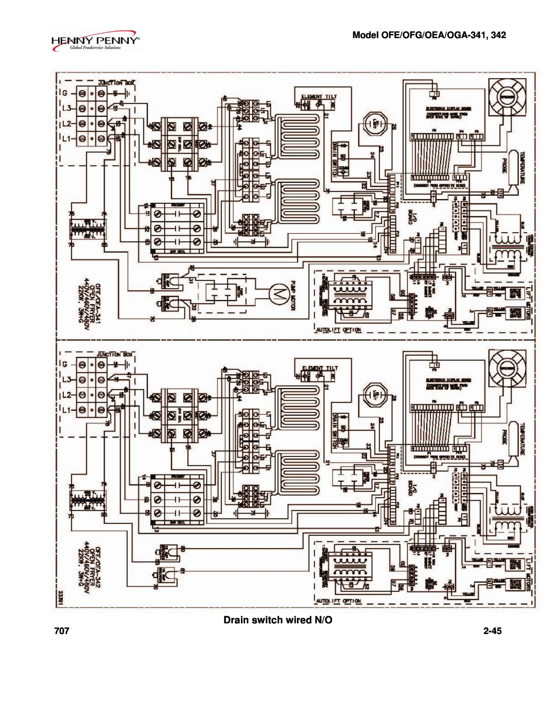 Henny Penny OFE/OFG-342, OFE/OFG-341, OEA/OGA-342 Drain switch wired N/O, Model OFE/OFG/OEA/OGA-341,342, 2-45 