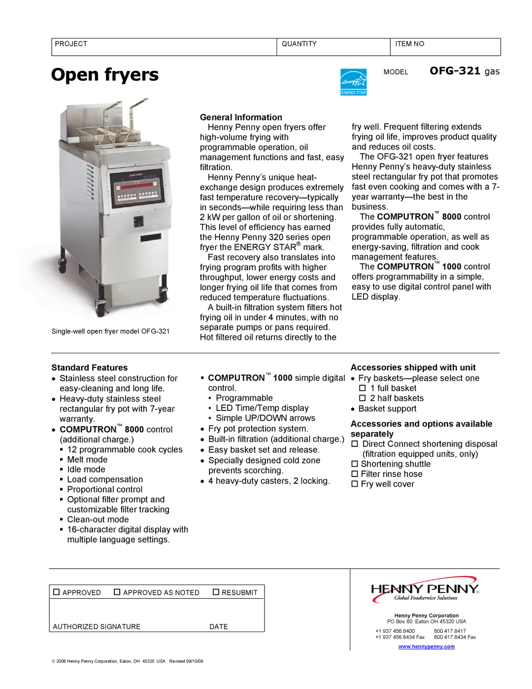 Henny Penny warranty Open fryers, Model OFG-321 gas 