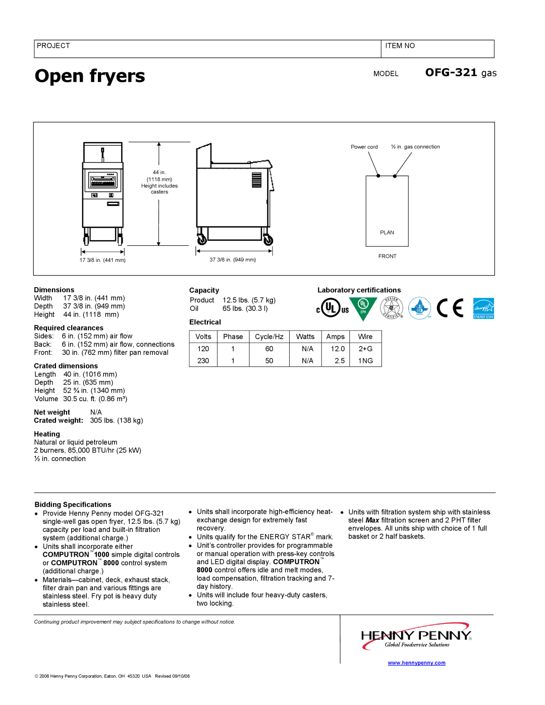 Henny Penny OFG-321 gas Dimensions, Required clearances, Crated dimensions, Net weight Crated weight, Heating, Electrical 