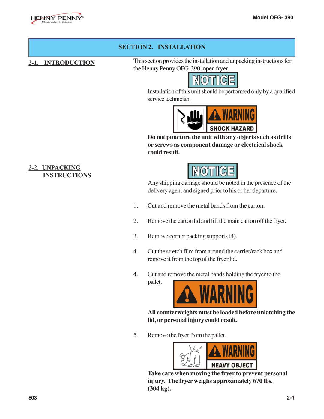 Henny Penny OFG-390 manual Installation, Unpacking Instructions 