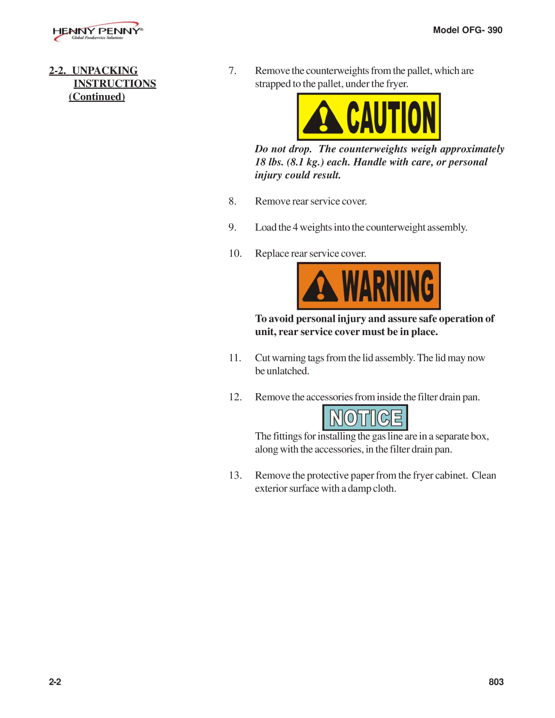 Henny Penny OFG-390 manual Unpacking, Remove the counterweights from the pallet, which are, Instructions 