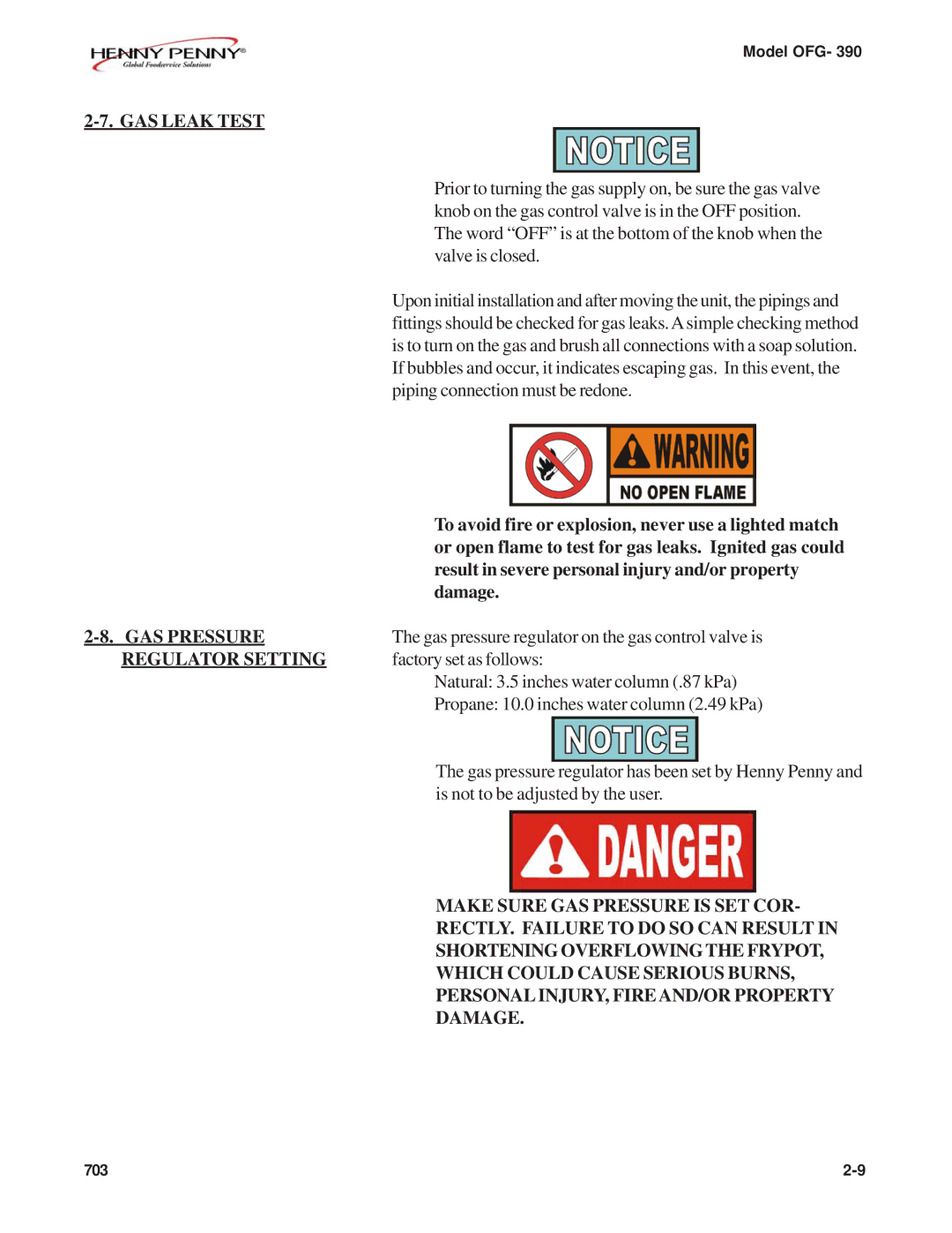 Henny Penny OFG-390 manual GAS Leak Test, GAS Pressure, Regulator Setting 