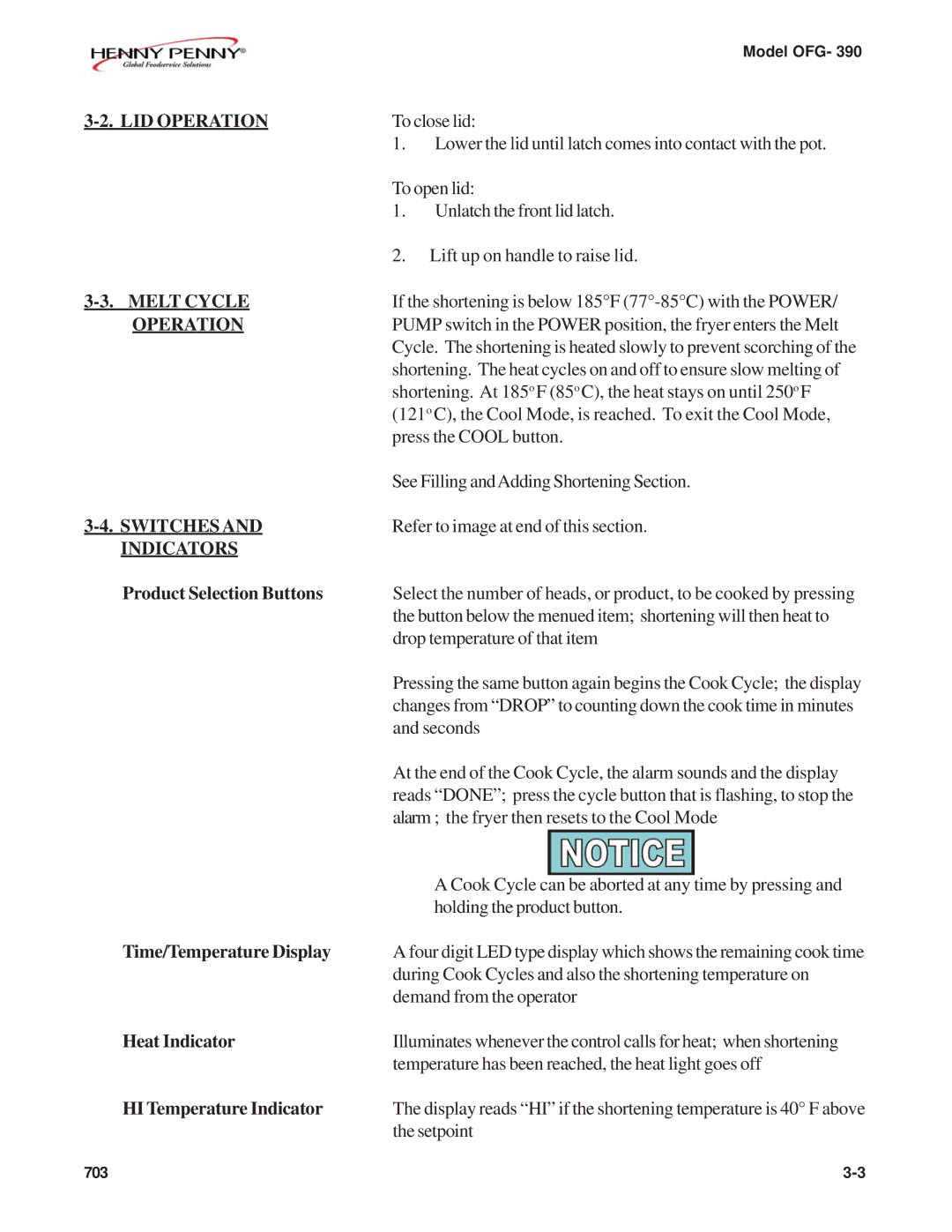 Henny Penny OFG-390 manual LID Operation, Melt Cycle, Switches, Indicators 