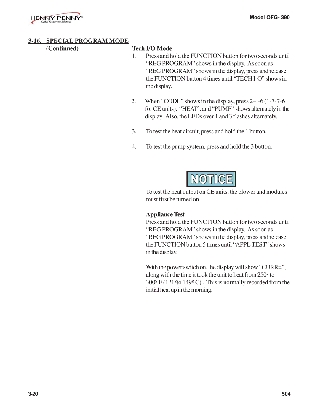 Henny Penny OFG-390 manual Tech I/O Mode, Appliance Test 