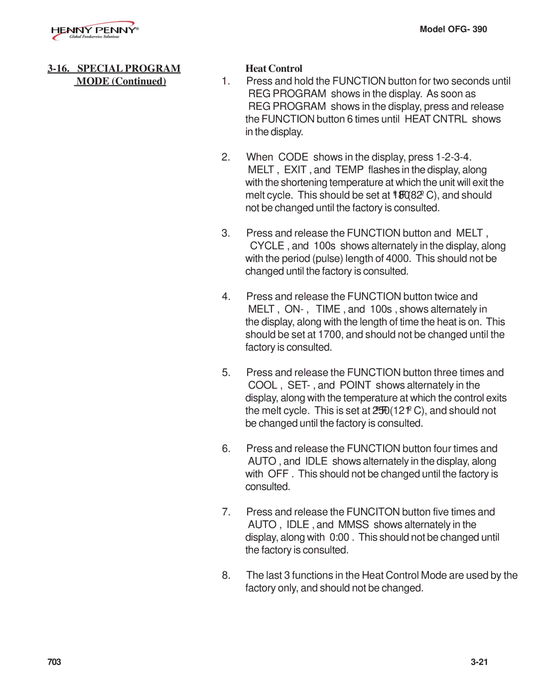 Henny Penny OFG-390 manual Special Program, Heat Control, Mode 