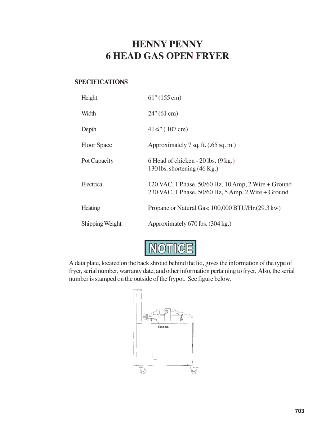 Henny Penny OFG-390 manual Henny Penny Head GAS Open Fryer, Specifications 