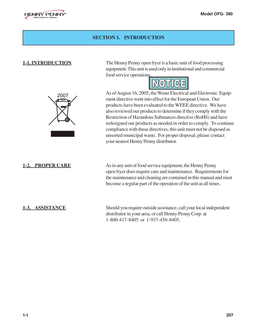 Henny Penny OFG-390 manual Introduction, Proper Care, Assistance 