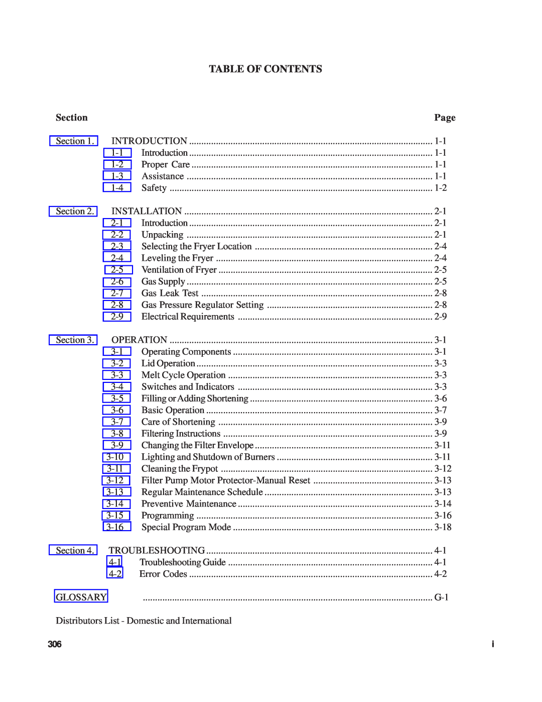 Henny Penny OFG-390 manual Table Of Contents, Section, Page 
