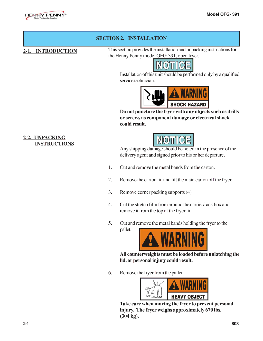 Henny Penny OFG-391 manual Installation, Unpacking Instructions 