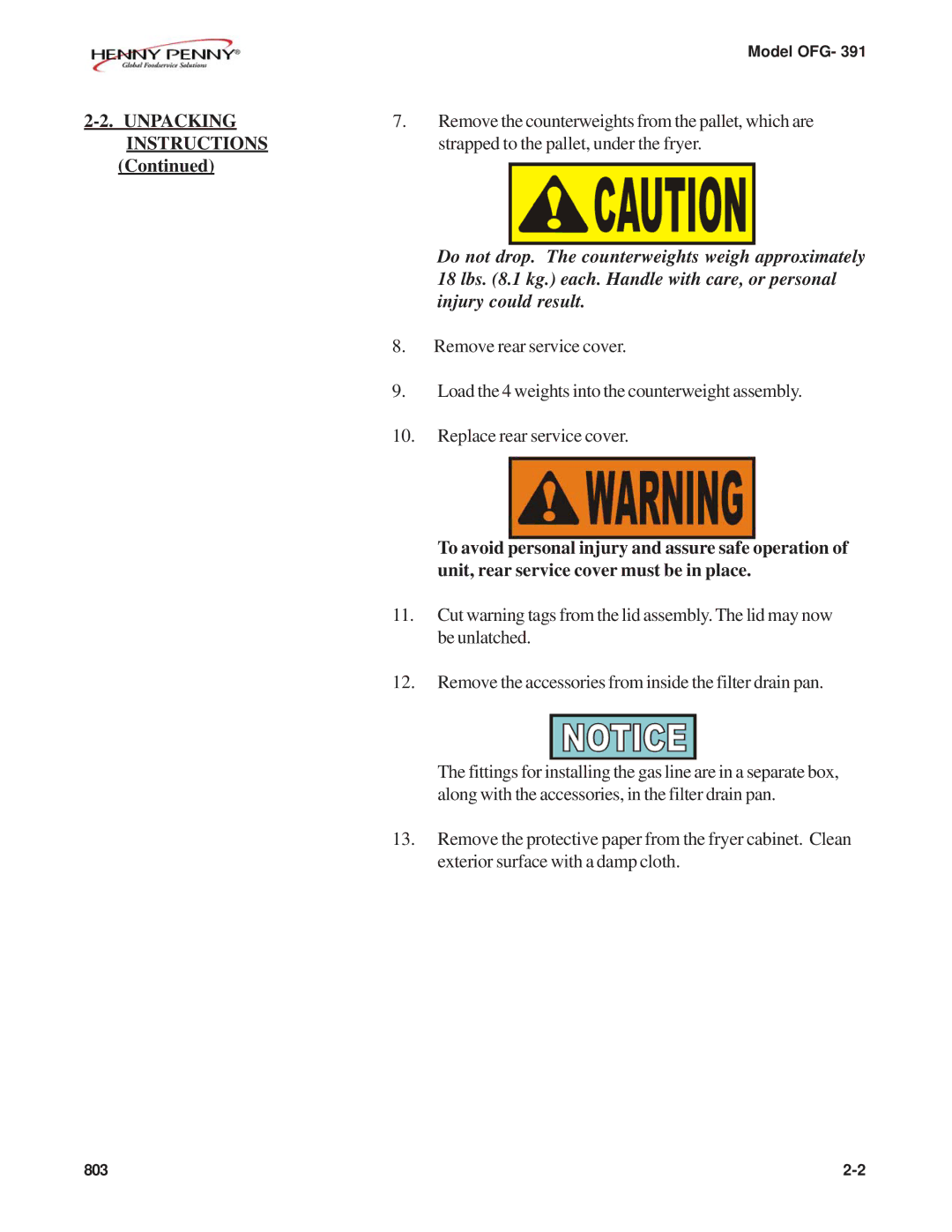 Henny Penny OFG-391 manual Unpacking, Remove the counterweights from the pallet, which are, Instructions 