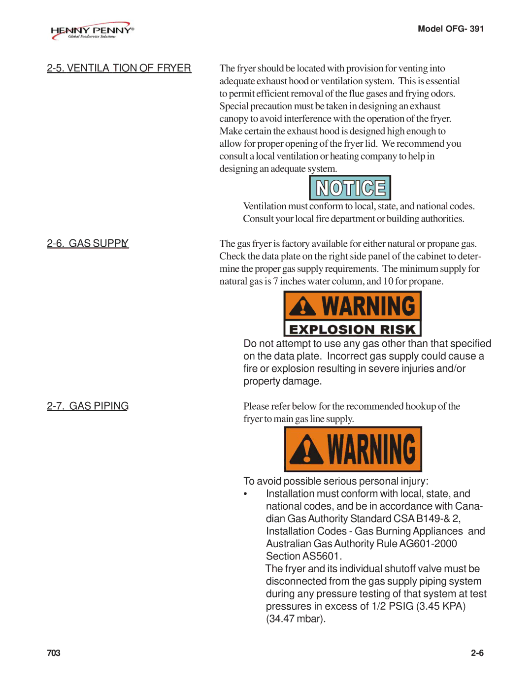 Henny Penny OFG-391 manual Ventilation of Fryer, GAS Supply, GAS Piping 