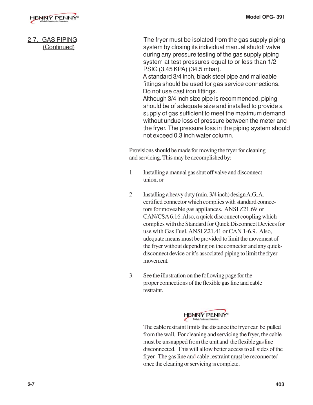 Henny Penny OFG-391 Fryer must be isolated from the gas supply piping, System at test pressures equal to or less than 1/2 
