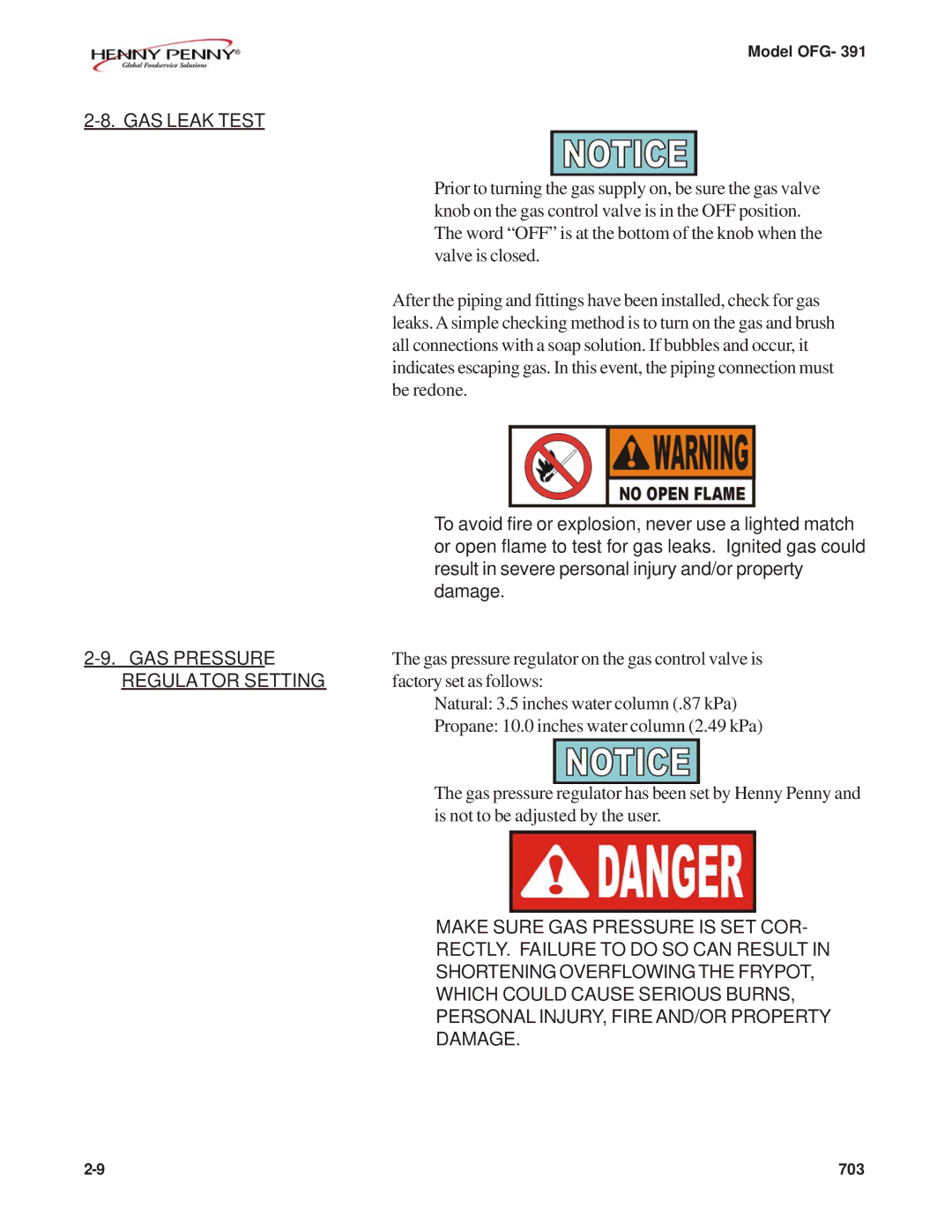 Henny Penny OFG-391 manual GAS Leak Test, GAS Pressure, Regulator Setting 