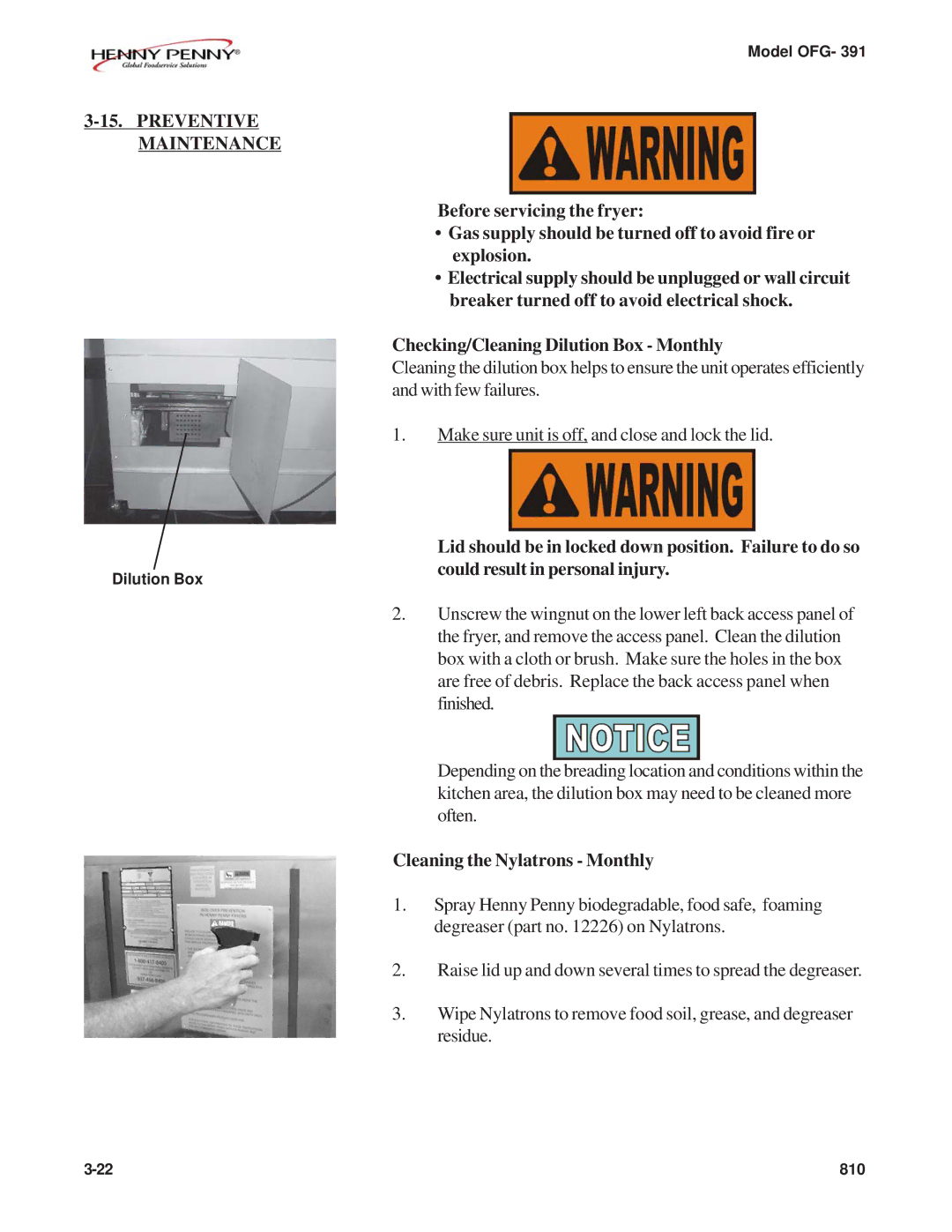 Henny Penny OFG-391 manual Preventive Maintenance, Cleaning the Nylatrons Monthly 