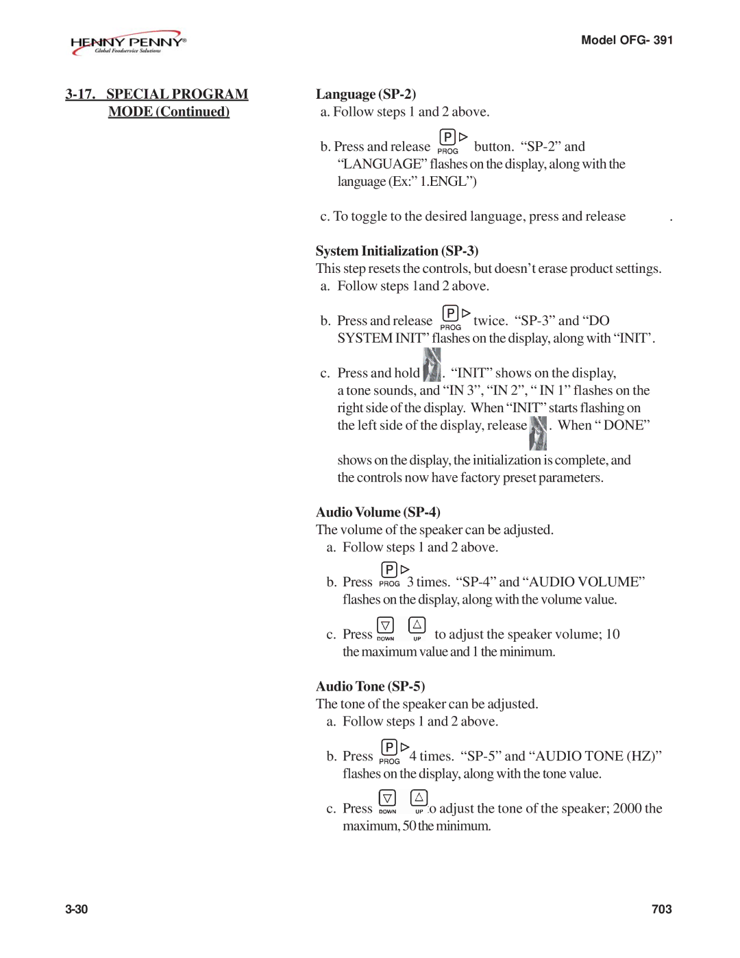 Henny Penny OFG-391 manual Language SP-2 Mode, System Initialization SP-3, Audio Volume SP-4, Audio Tone SP-5 