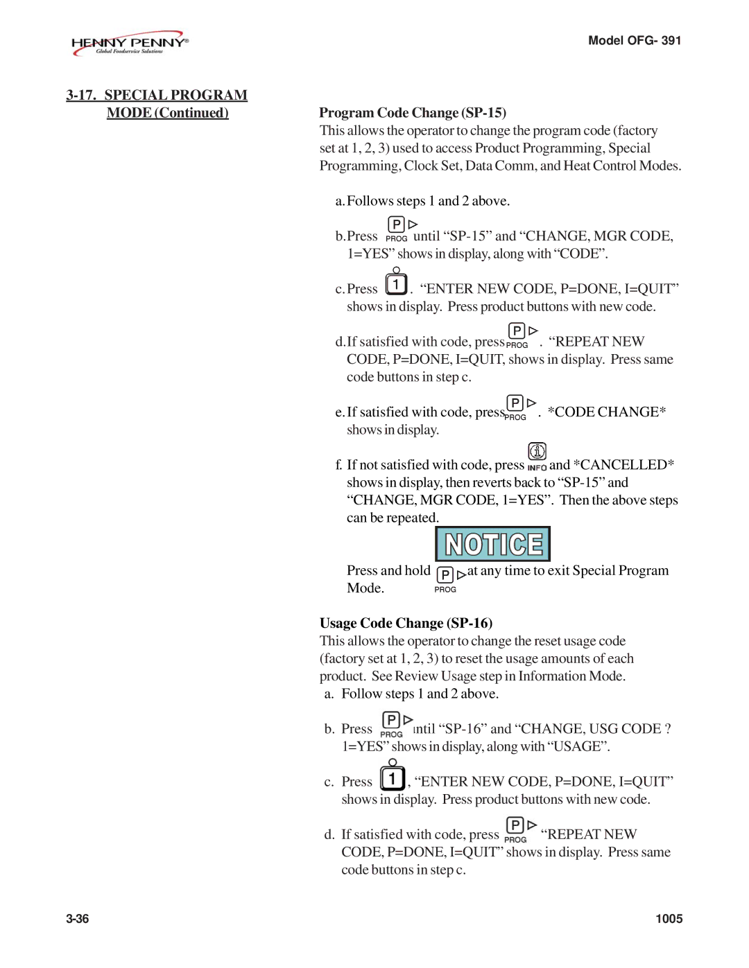 Henny Penny OFG-391 manual Mode Program Code Change SP-15, Usage Code Change SP-16 