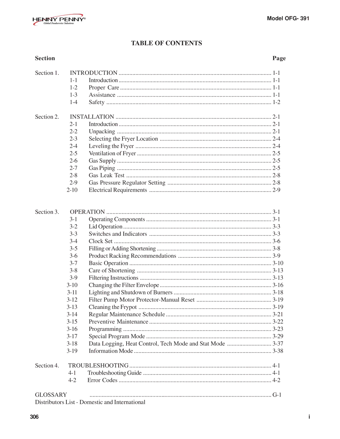 Henny Penny OFG-391 manual Table of Contents 