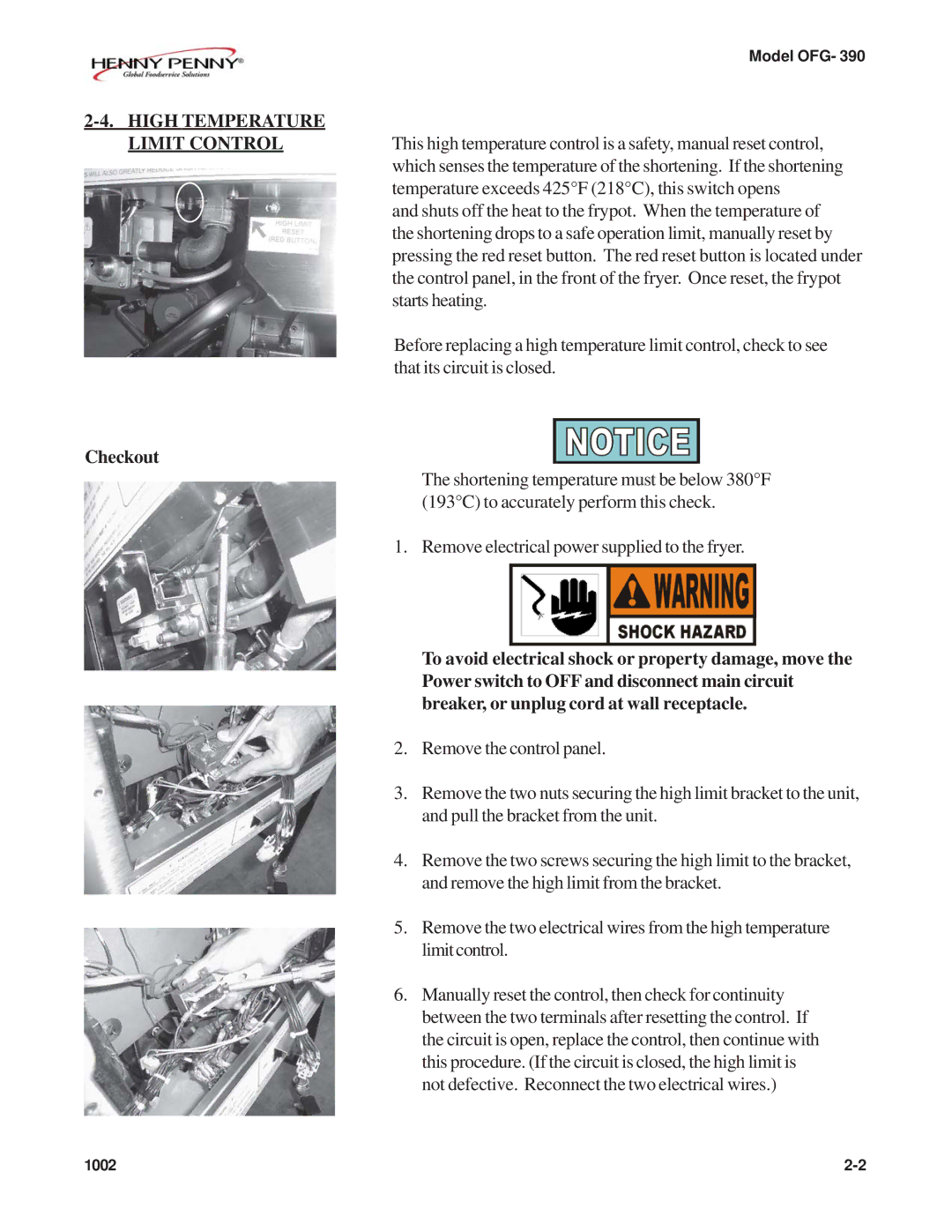 Henny Penny OFG-392 High Temperature Limit Control, Checkout, To avoid electrical shock or property damage, move 