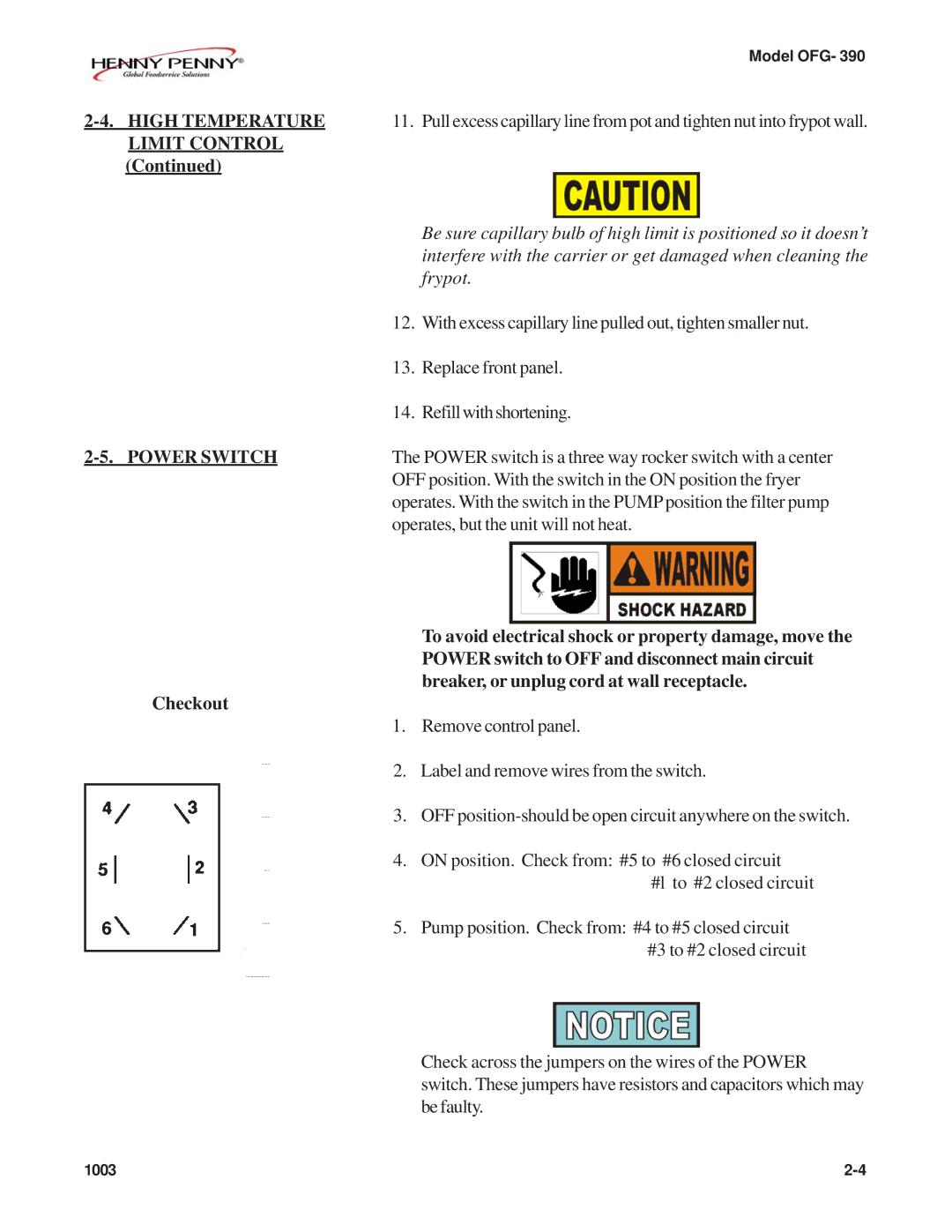 Henny Penny OFG-392 technical manual High Temperature, Power Switch 