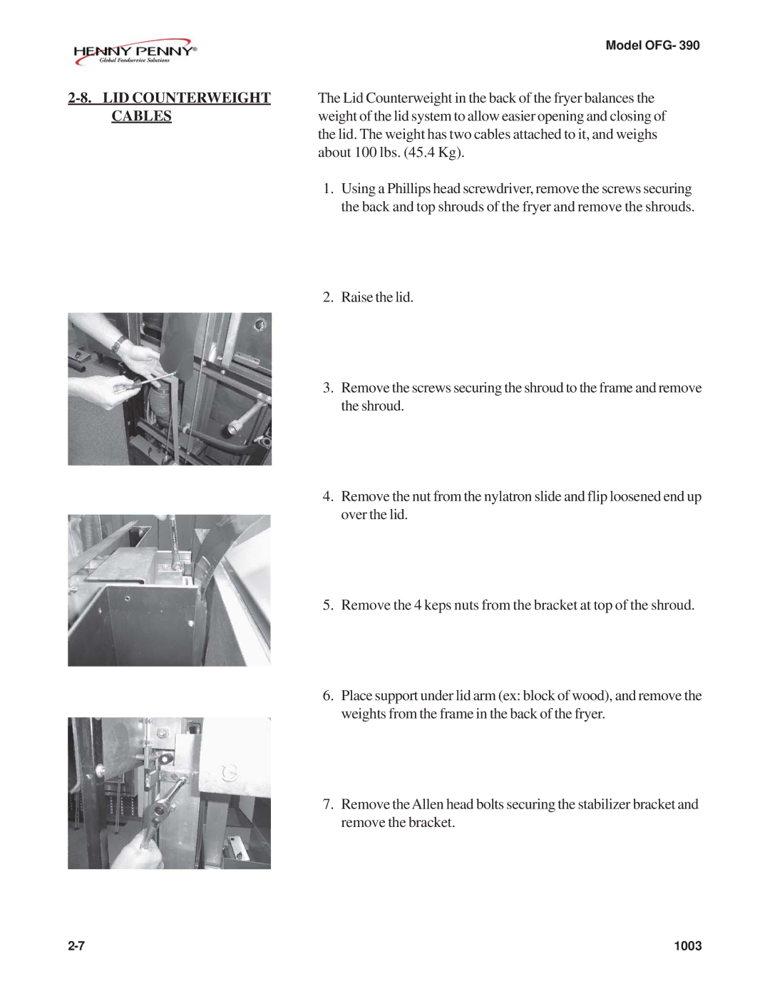 Henny Penny OFG-392 technical manual LID Counterweight, Cables 