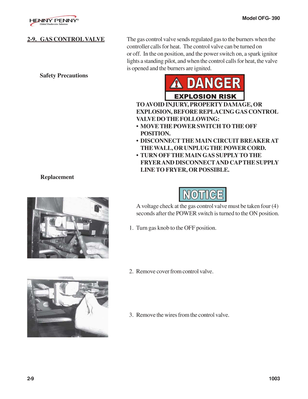 Henny Penny OFG-392 technical manual GAS Control Valve, Safety Precautions 