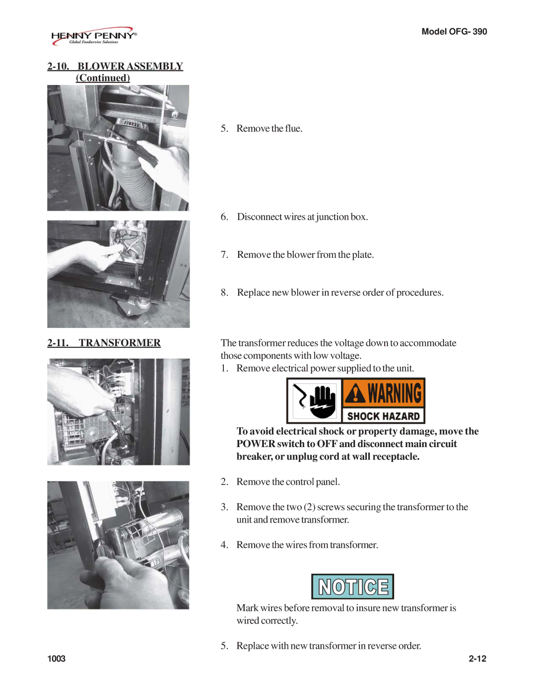 Henny Penny OFG-392 technical manual Transformer 