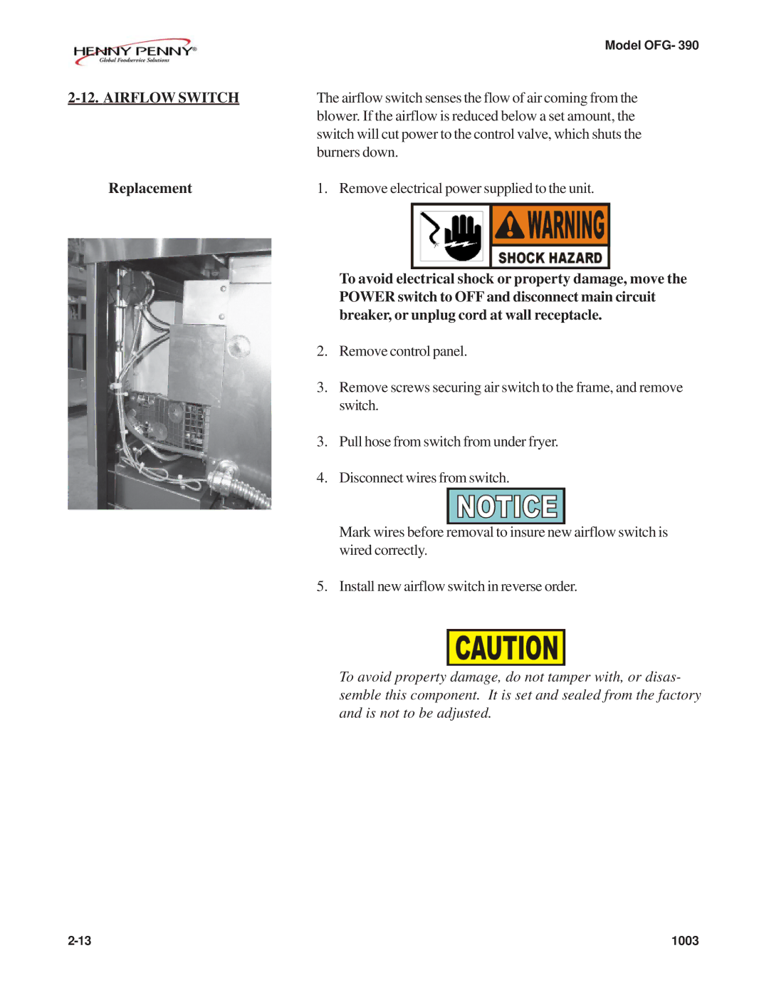 Henny Penny OFG-392 technical manual Airflow Switch, Replacement 