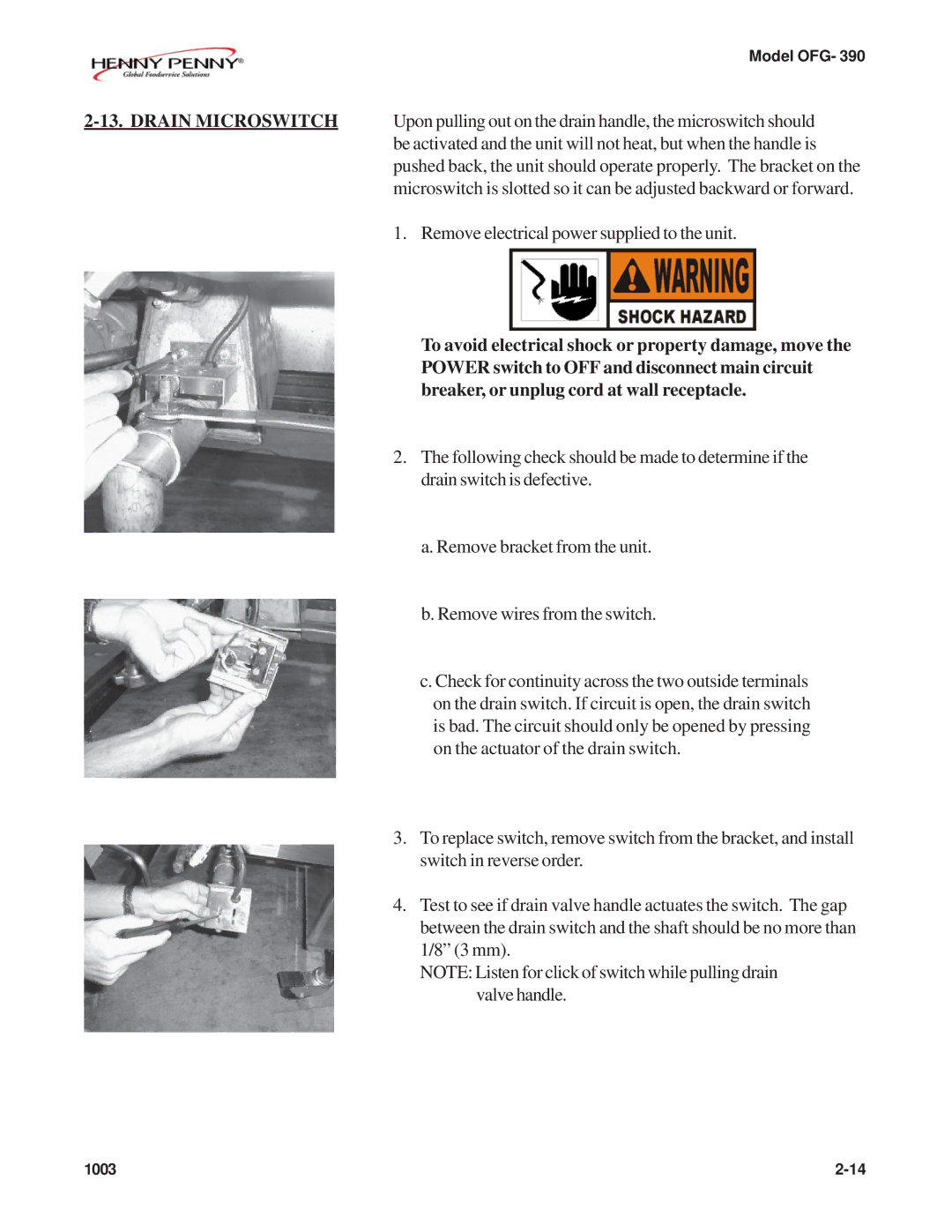 Henny Penny OFG-392 technical manual Drain Microswitch 