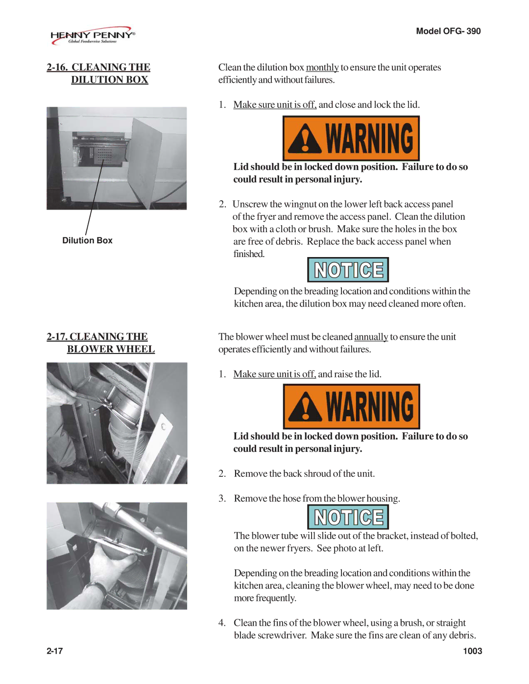 Henny Penny OFG-392 Cleaning, Dilution BOX, Lid should be in locked down position. Failure to do so, Blower Wheel 