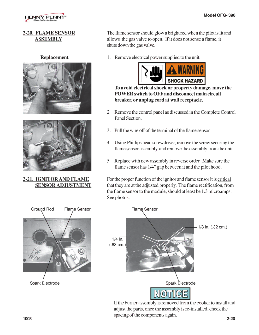 Henny Penny OFG-392 technical manual Flame Sensor, Assembly, Ignitor and Flame, Sensor Adjustment 