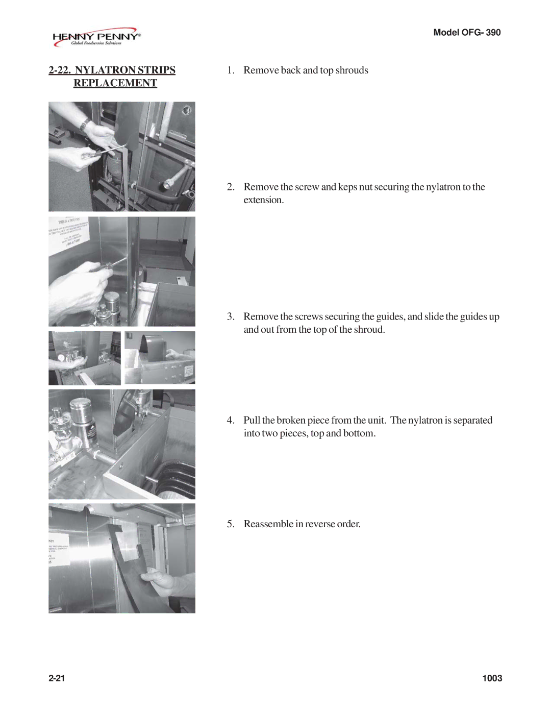 Henny Penny OFG-392 technical manual Nylatron Strips, Remove back and top shrouds 