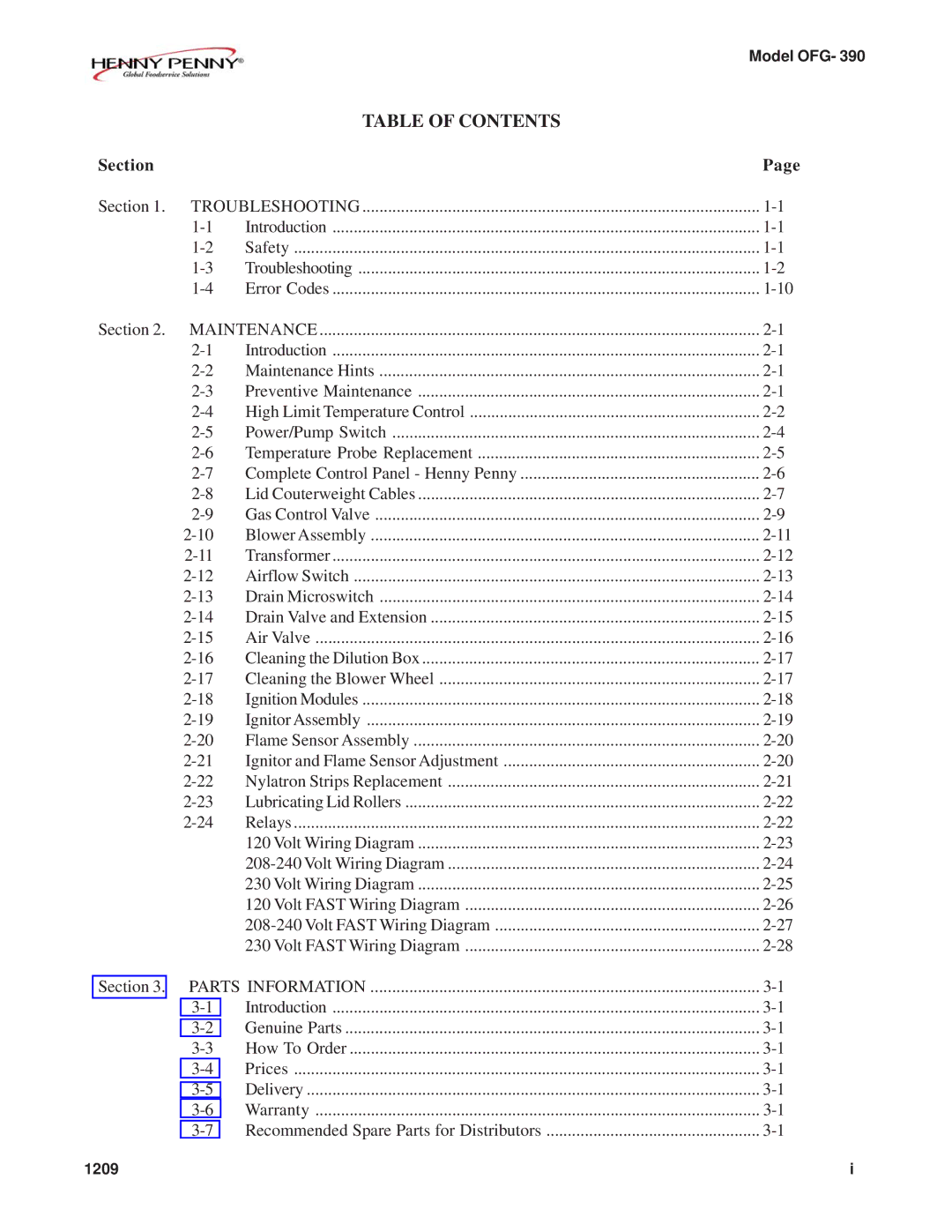 Henny Penny OFG-392 technical manual Table of Contents 