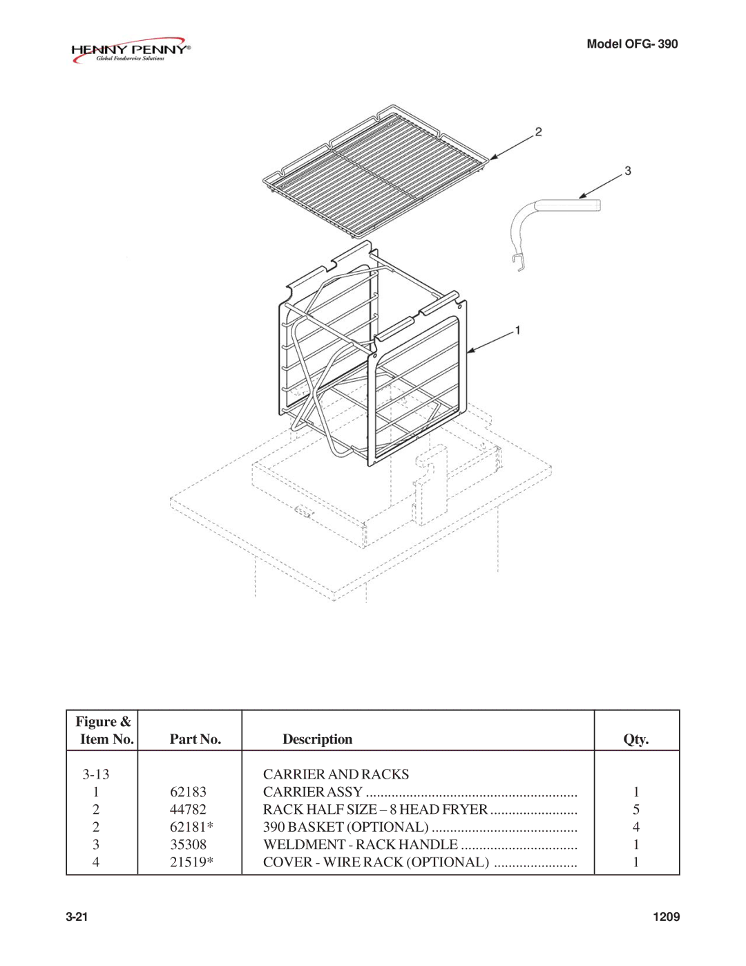 Henny Penny OFG-392 technical manual Item No Description, Cover Wire Rack Optional 