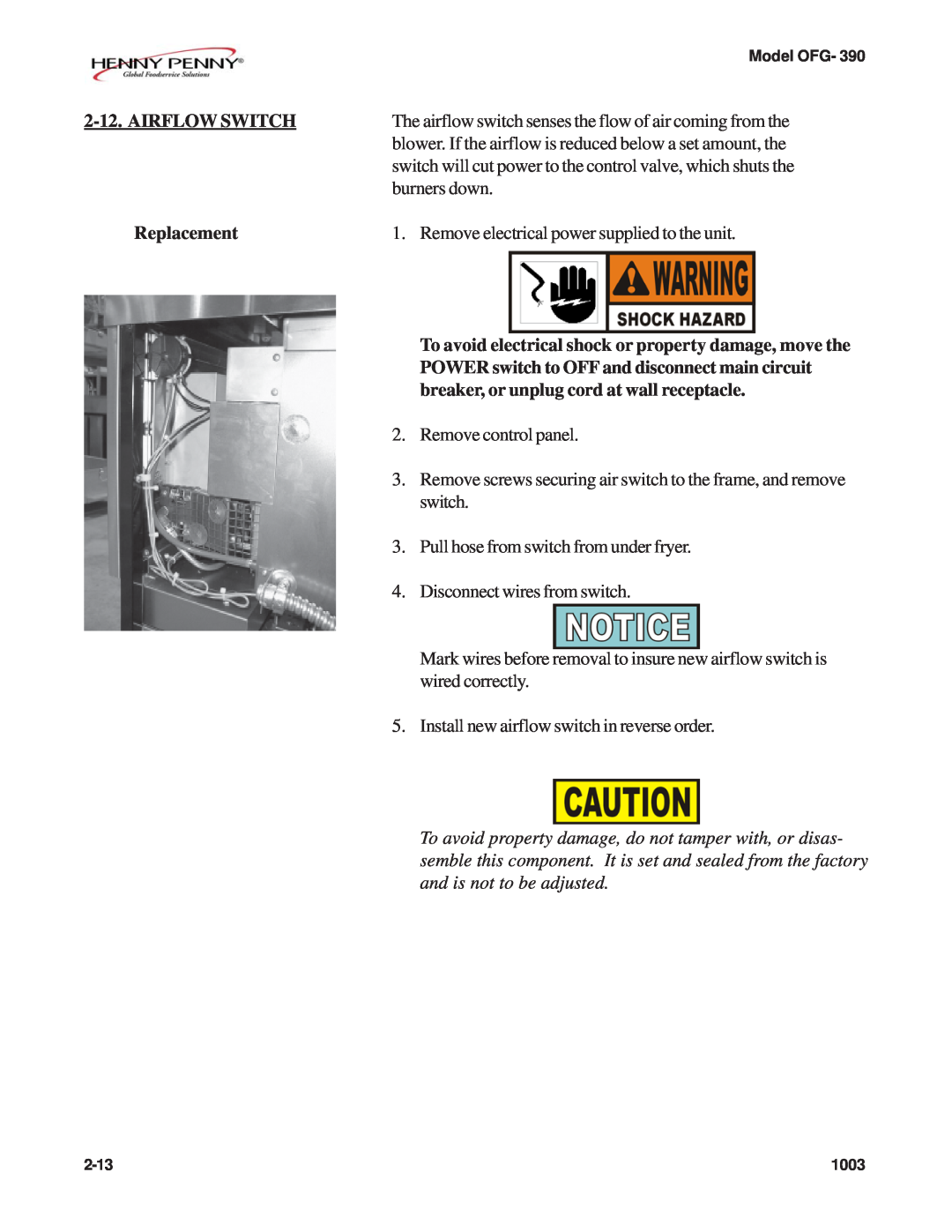 Henny Penny OFG-392 technical manual Airflow Switch, Replacement 