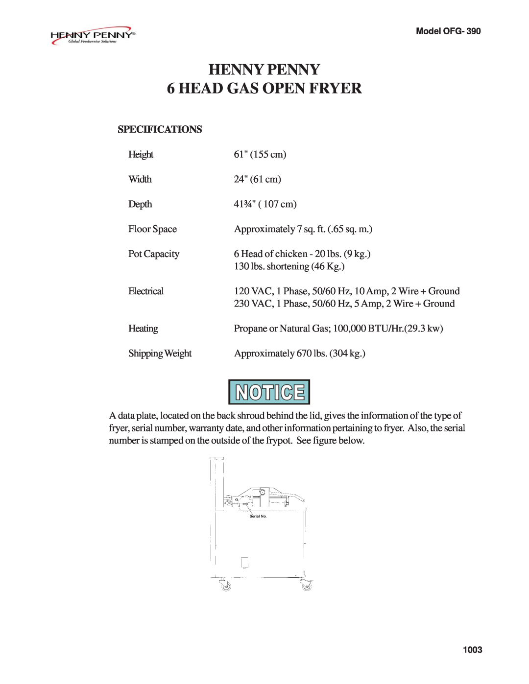 Henny Penny OFG-392 technical manual Specifications, HENNY PENNY 6 HEAD GAS OPEN FRYER 