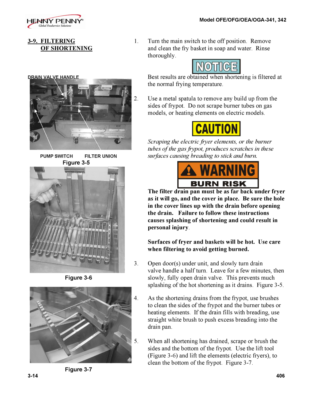 Henny Penny OGA-341, OFG, OFE, OEA manual Filtering, Shortening 