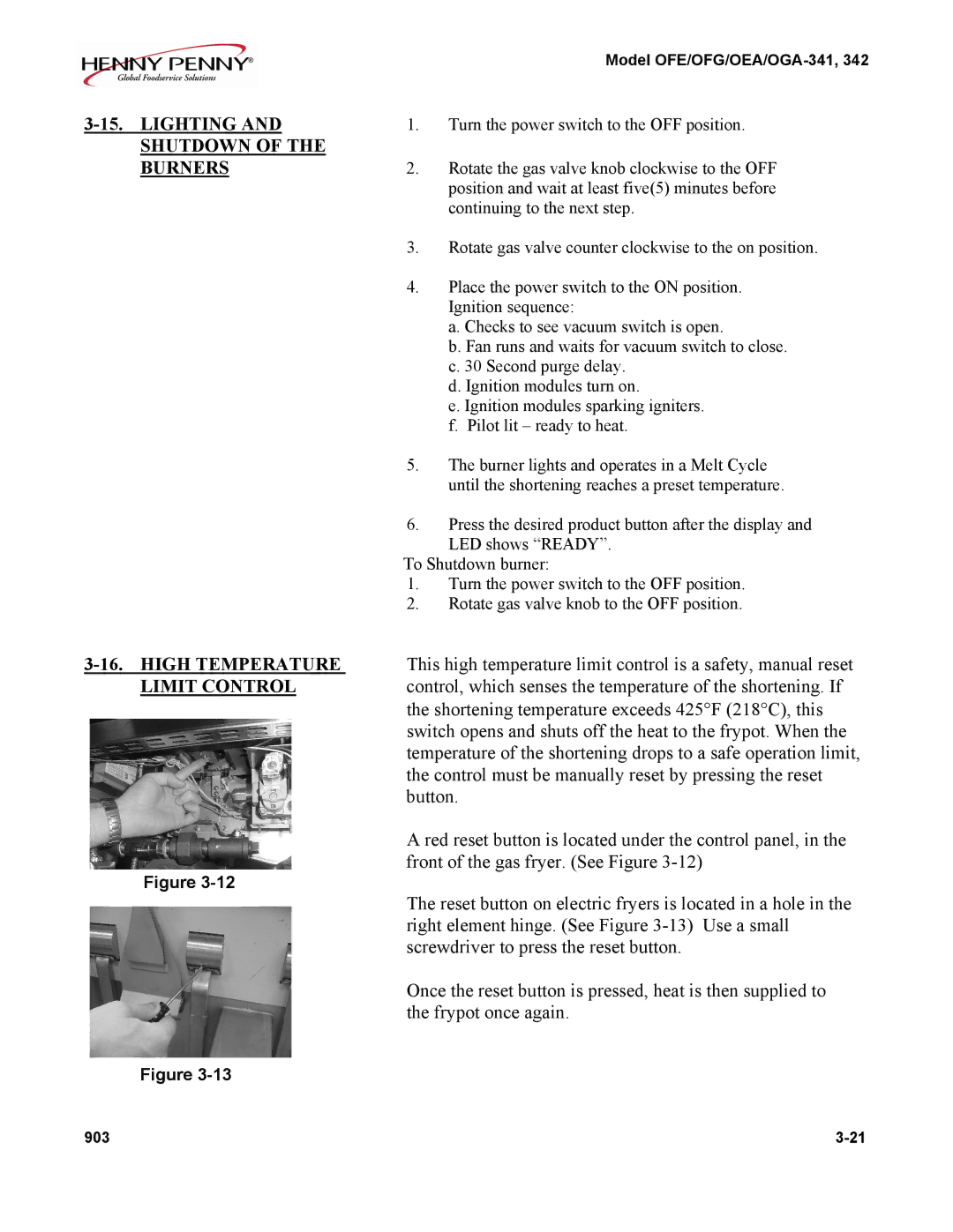 Henny Penny OFE, OFG, OGA-341, OEA manual Lighting and Shutdown of the Burners 