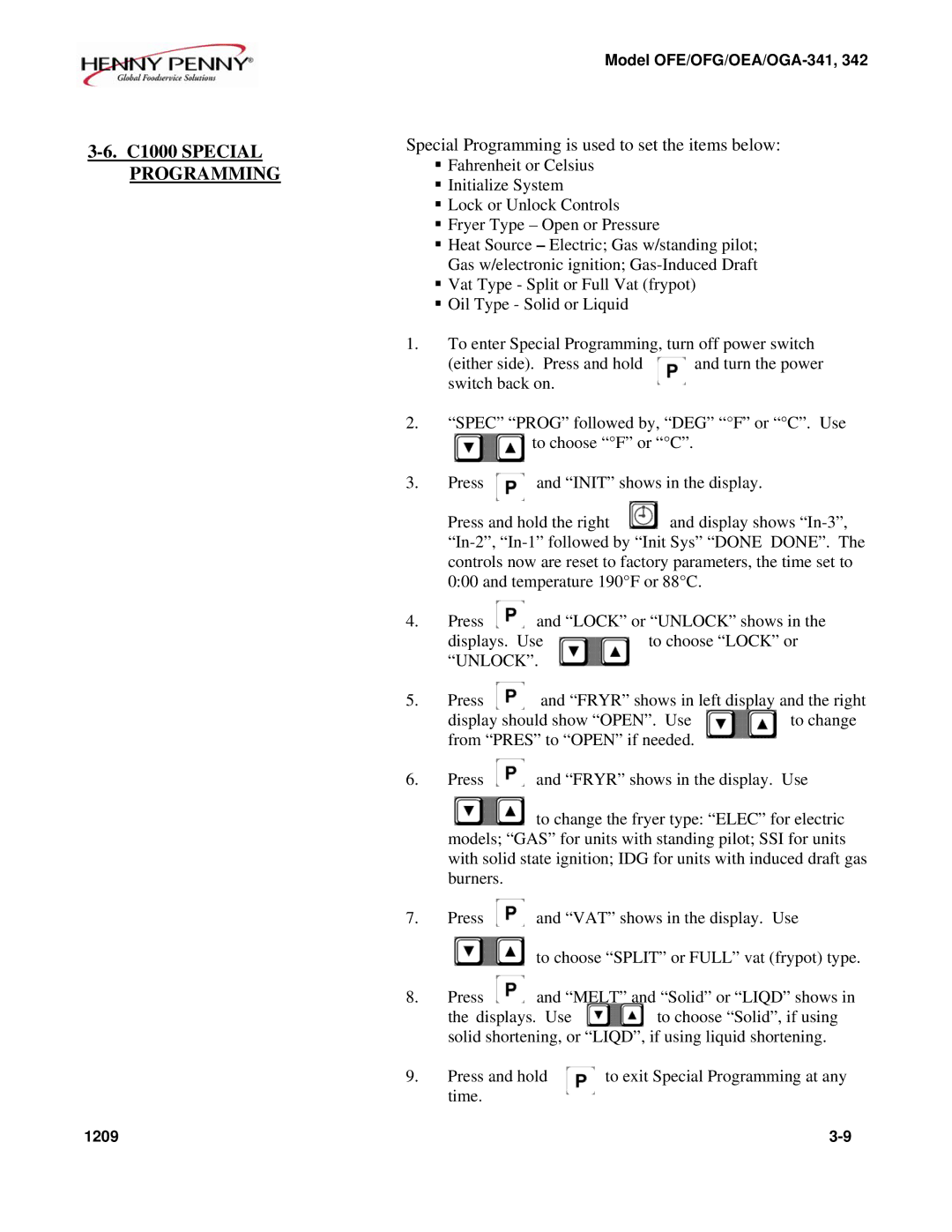 Henny Penny OFE, OFG, OGA-341, OEA manual C1000 Special Programming 