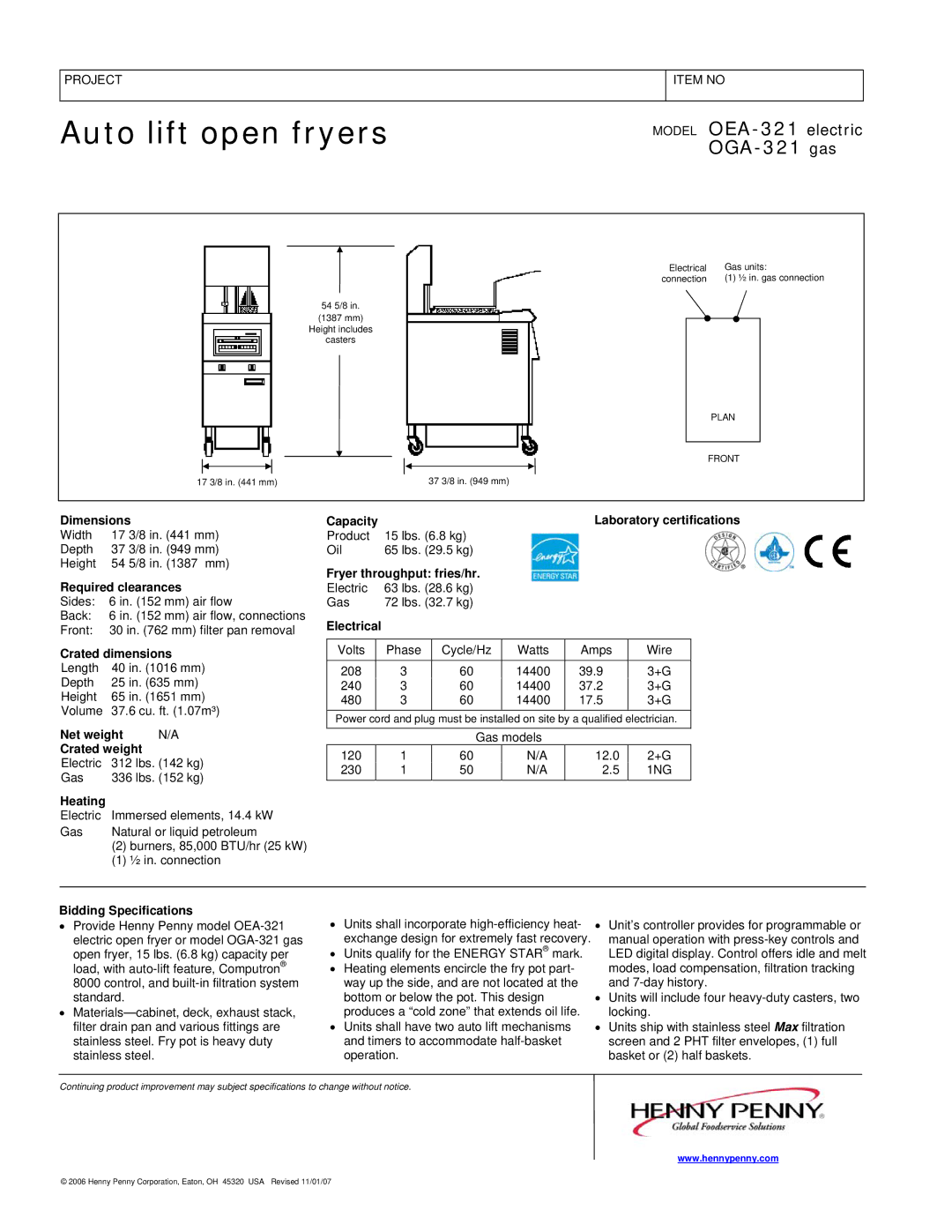 Henny Penny OGA-321 Dimensions, Required clearances, Crated dimensions, Net weight Crated weight, Heating, Electrical 