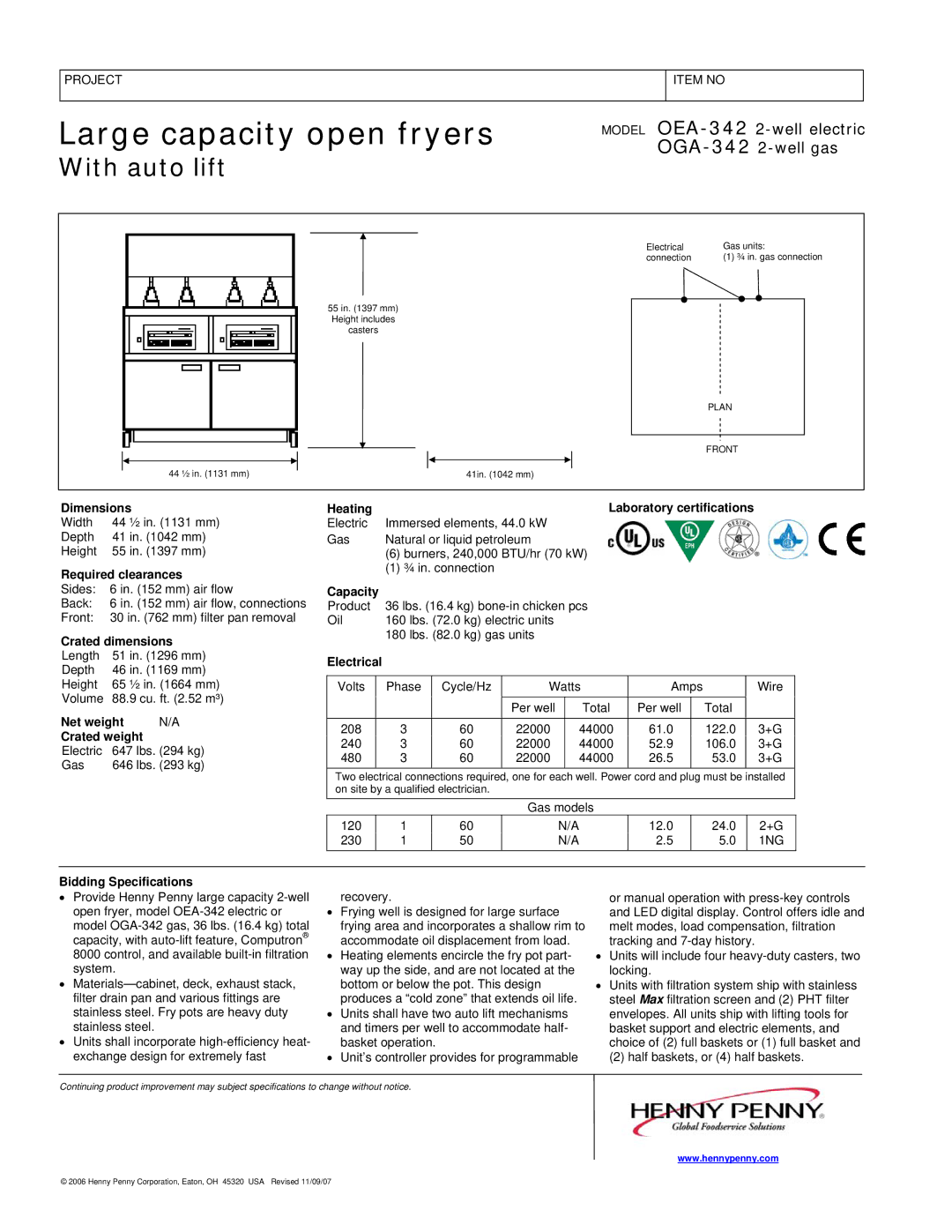 Henny Penny OGA-342 Dimensions, Required clearances, Crated dimensions, Net weight Crated weight, Capacity, Electrical 