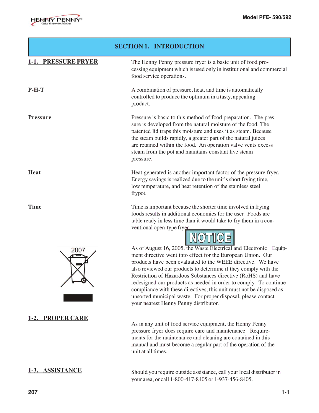 Henny Penny PFE- 590/592 manual Introduction, Pressure Fryer, Proper Care Assistance 