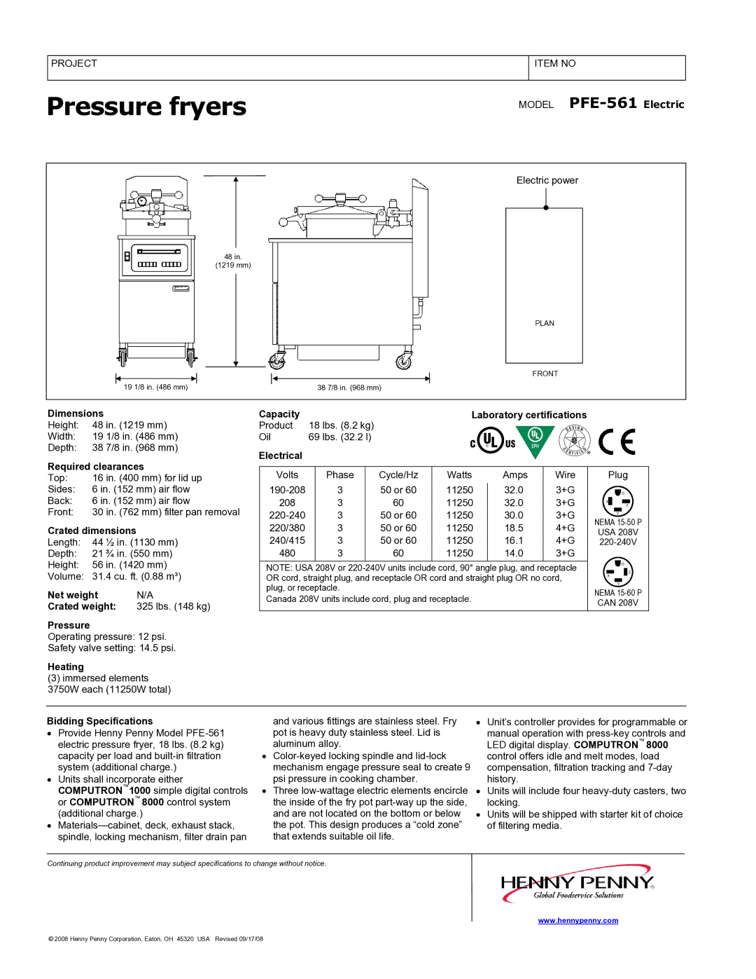 Henny Penny PFE-561 Dimensions, Required clearances, Capacity, Electrical, Crated dimensions, Net weight Crated weight 