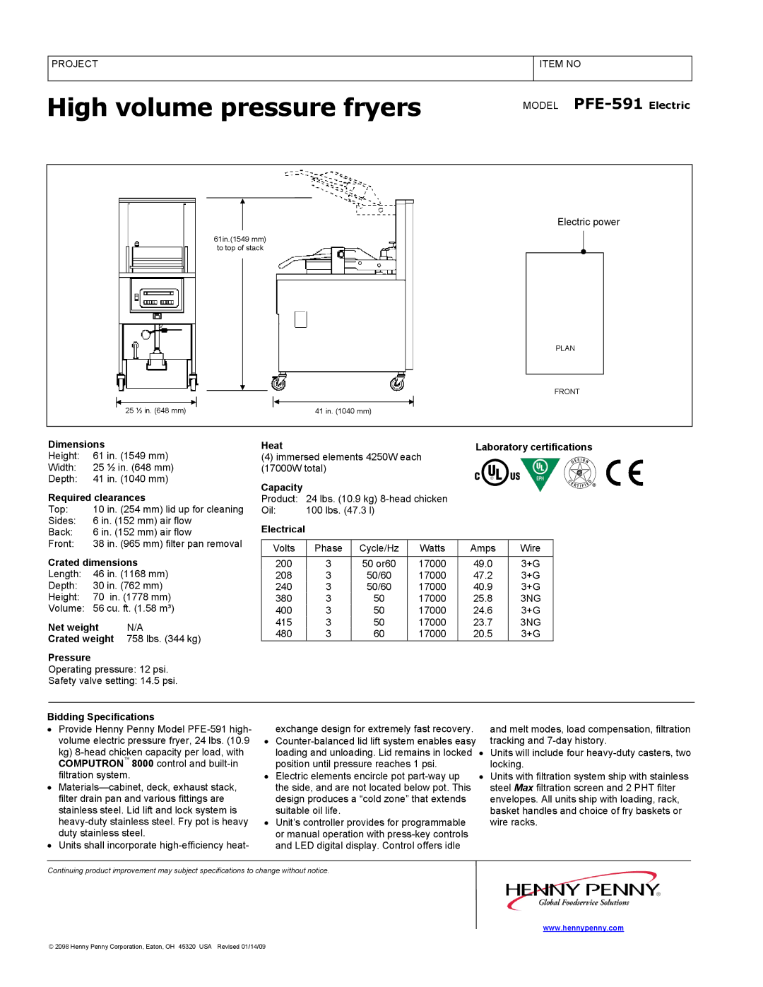 Henny Penny PFE-591 Dimensions Heat Laboratory certifications, Capacity Required clearances, Electrical, Crated dimensions 