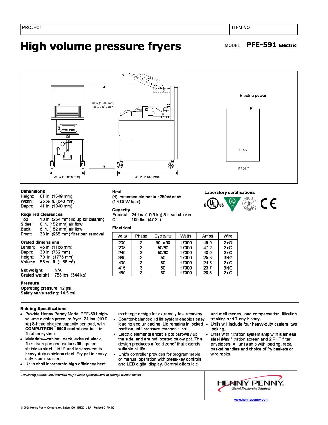 Henny Penny warranty High volume pressure fryers, MODEL PFE-591 Electric, Dimensions 