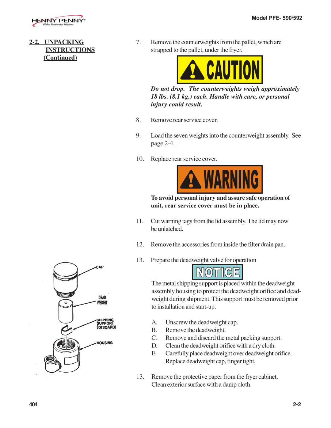 Henny Penny PFE-590, PFE-592 manual Unpacking, Remove the counterweights from the pallet, which are, Instructions 