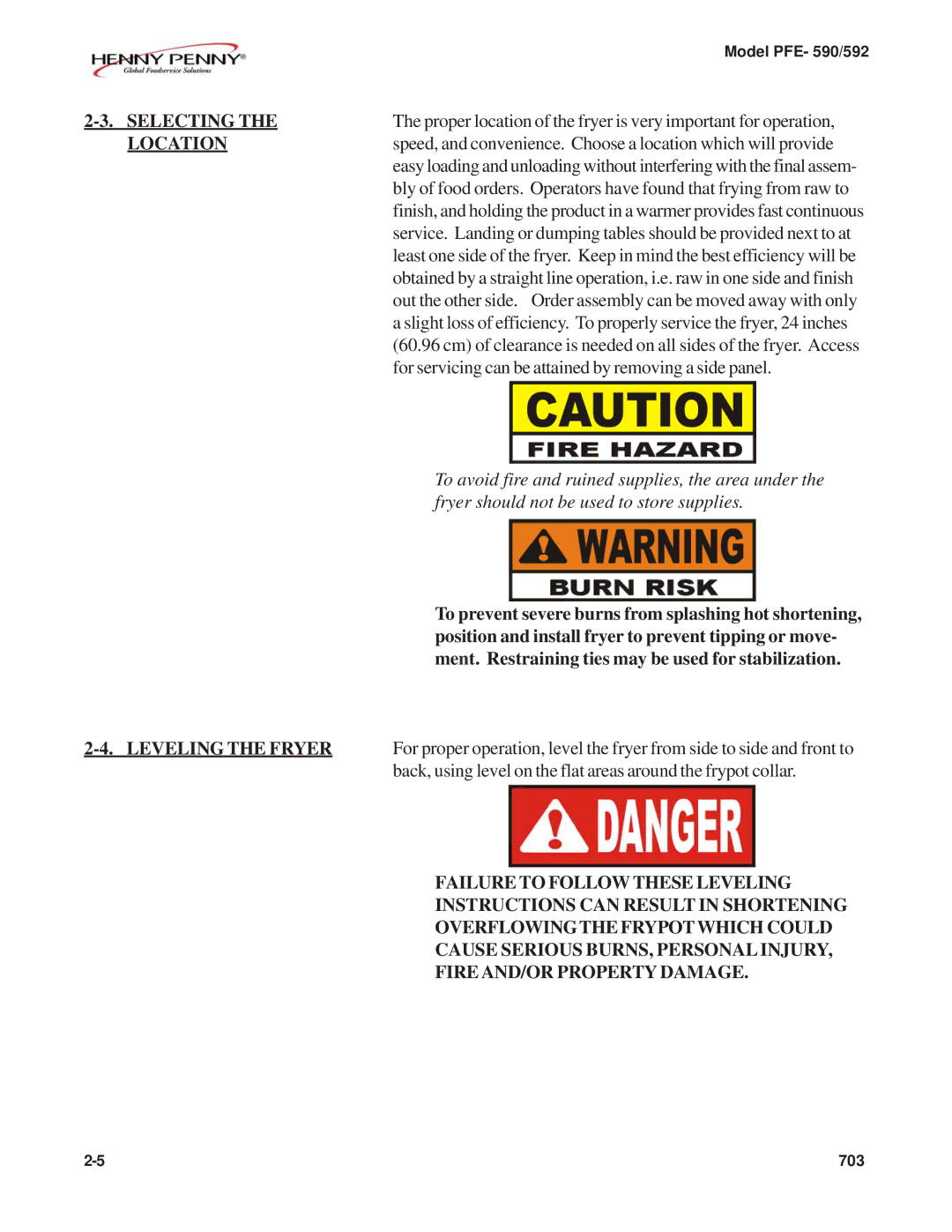 Henny Penny PFE-592, PFE-590 manual Selecting, Location, Leveling the Fryer 